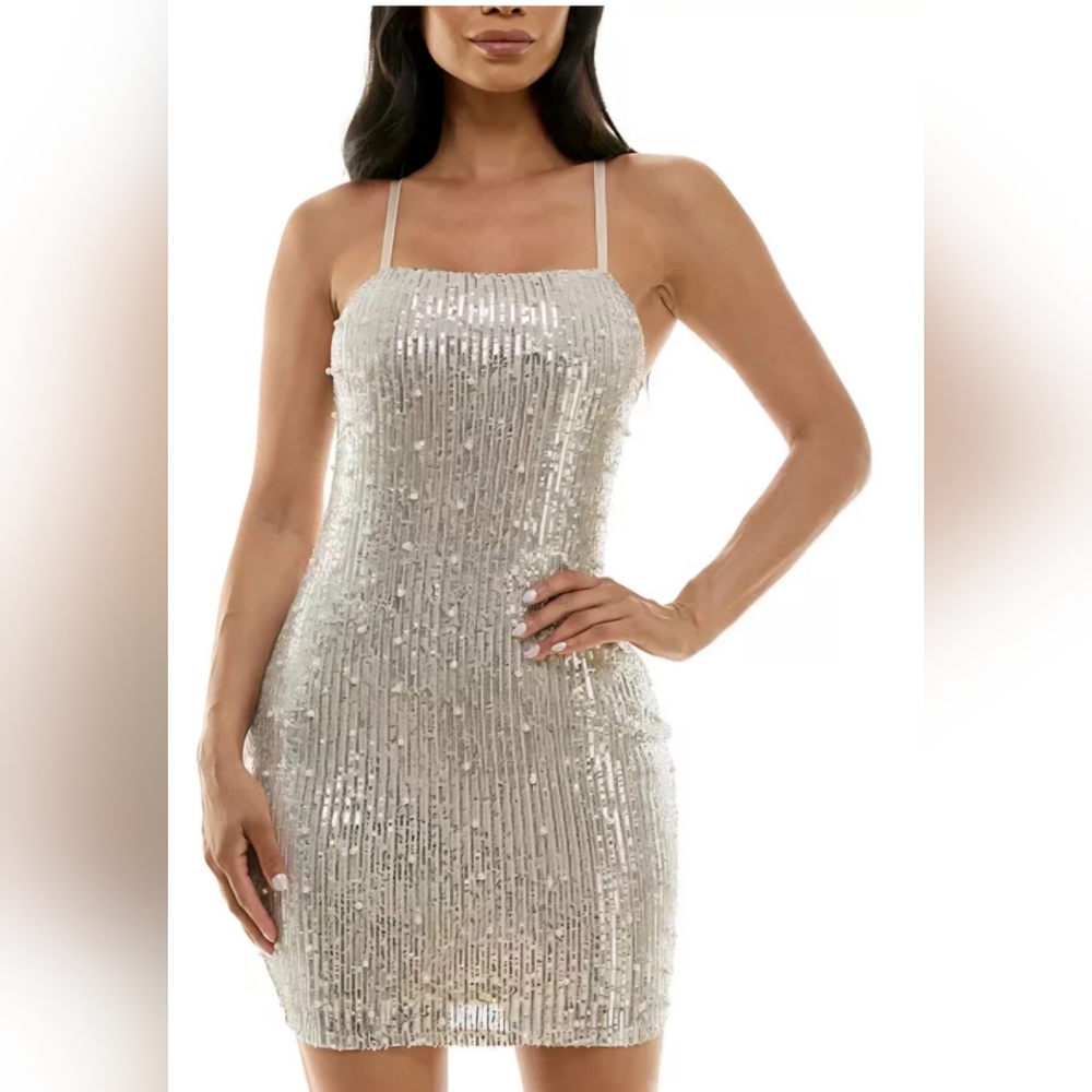 Women's BCX Square-Neck Faux Pearl Sequin Bodycon Mini Dress Medium NWT Party